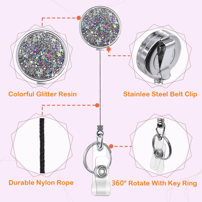 Boutilon Retractable Badge Holder, Retractable Badge Reels,Lightweight Plastic Badge Reel Card Holder with Key Ring Backing Belt Clip for Nurse,Volunteer,Teacher,Student(Pretty Sliver Stars) - Image 3